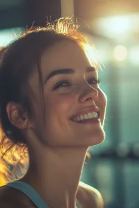 Porträt einer glücklichen, jungen Frau im Legym, die gerade ein Training hinter sich hat.